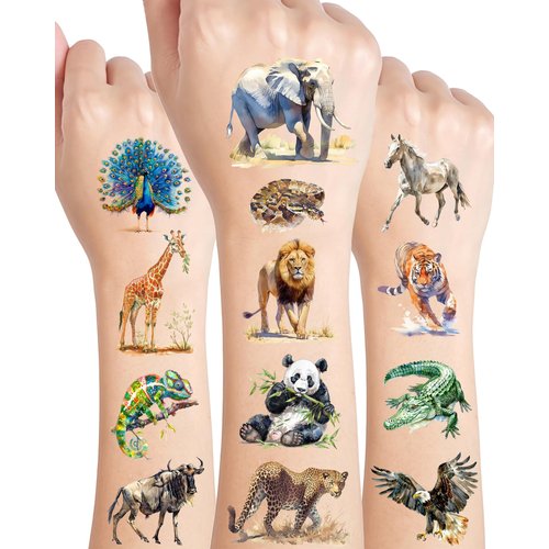 195 Pieces Safari Animals Temporary Tattoos Stickers,18 Sheets Realistic Jungle Themed Tattoos Stickers Party Decoration favors for Kids Girl Boys Birthday Baby Shower Party Decoration Supplies