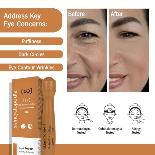 Skincyclopedia Under Eye Roll-On with Caffeine & Q10, Cooling Roller, Energizing Serum for Dark Circles & Under Eye Dark Spots, Puffiness Bags, Fine Lines & Wrinkles, Deep Hydration Activator.