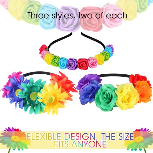 6 Pcs Boho Floral Crown Stretch Rose Flower Headband Girls Rainbow Headband Sunflower Head Crown Multicolor Flower Hair Wreath Headwear Headpiece Hair Accessory for Women Girl Bride Bridesmaid