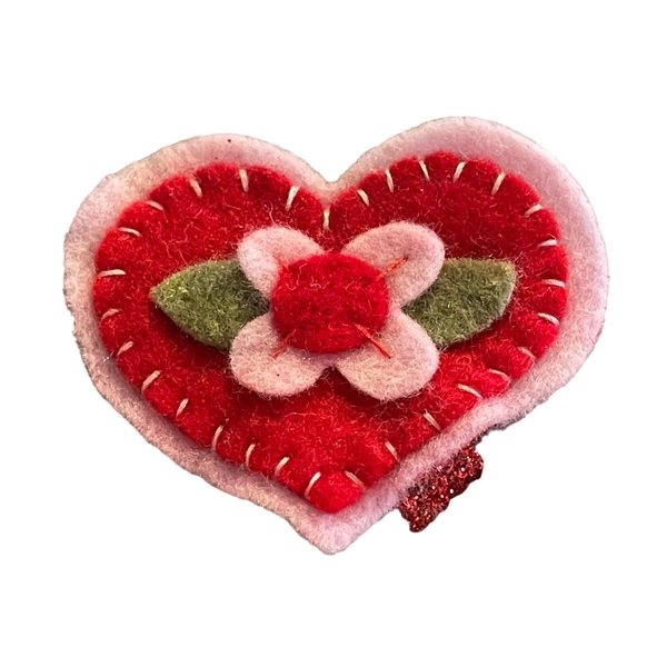 Heart Hair Clip, Love Hair Clip, Feltie, Girls Hair Accessory, Pink, Red, White, Flowers, Valentine's Day (red with one pink flower)
