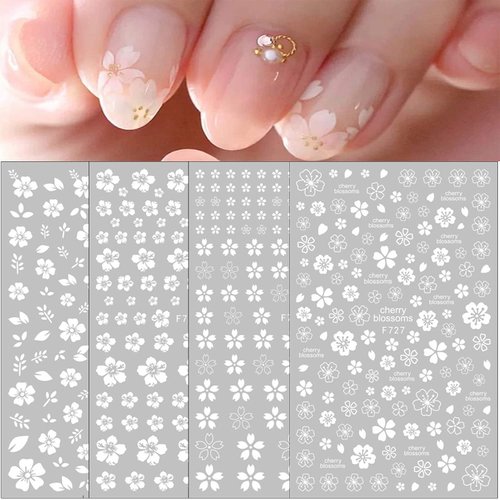 White Flower Nail Art Stickers 3D Self Adhesive Nail Design Nail Art Supplies White Cherry Blossoms Designers Nail Decals for Acrylic Nail Women Girls Manicure DIY Decoration(4 Sheets)