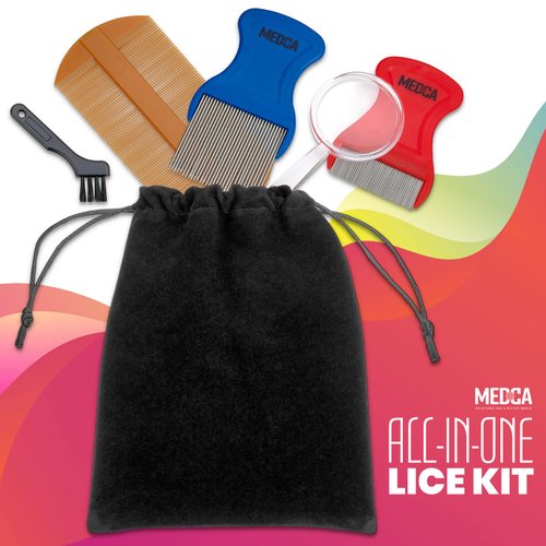 Premium 5 Piece Lice Kit - Nit Removal Fine Tooth Comb and Magnifier Full Treatment Set - Louse and Nit Combs Removes Eggs with Rounded Tips for Comfort