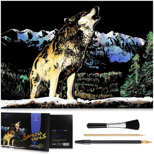 MeowHaus Scratch Art Rainbow Painting Paper Animal - Wolf, DIY Crafts Womens Hobbies Engraving Art for Kids & Adults Scratch Painting Sketch Pads Scratchboard Birthday Creative Gift 16” x 11.2”