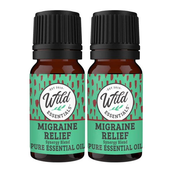 Wild Essentials Migraine Relief 100% Pure Essential Oil Synergy Blend 2 Pack 10ml, Formula for migraine headaches, pain, congestion, stuffy nose, cold, Made in The USA