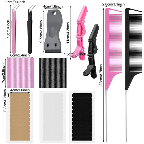 Hair Extension Tape Double Sided Tape for Hair Extensions Replacement Tape for Tape in Hair Extensions with Adhesive Remover Scraper Tool Bang Sticker Clip Alligator Hair Clip Rat Tail Comb Tweezers