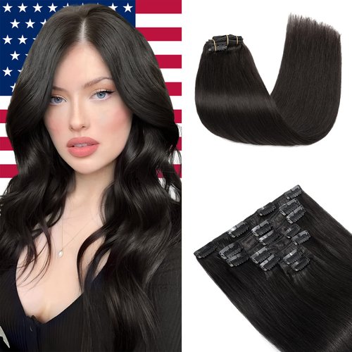 Elailite Clip in Human Hair Extensions, 125g 18 Inch 7pcs #1B Natural Black 100 Real Human Hair, Double Weft Handmade Soft Natural Straight Brazilian Virgin Remy Human Hair for Women