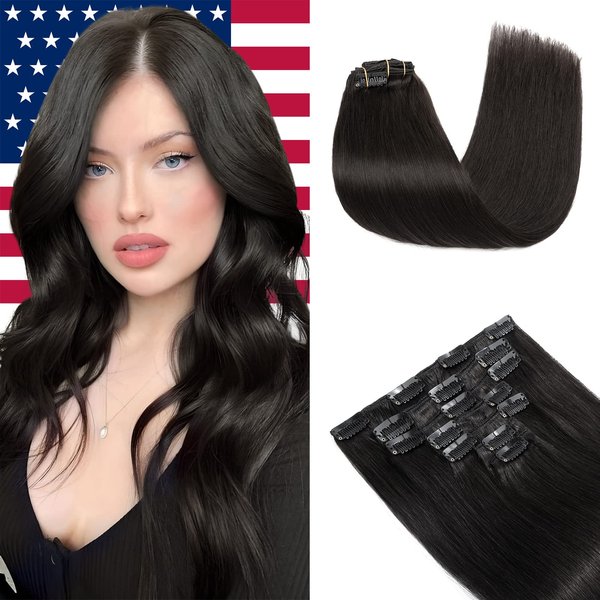 Elailite Clip in Human Hair Extensions, 125g 18 Inch 7pcs #1B Natural Black 100 Real Human Hair, Double Weft Handmade Soft Natural Straight Brazilian Virgin Remy Human Hair for Women