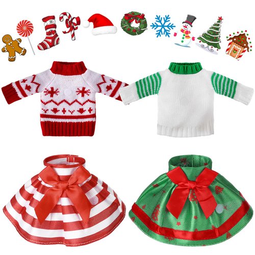 2 Sets Christmas Elf Doll Clothes Christmas Elf Clothes Elf Doll Accessories Sweater Skirt Set Elf Outfit with 10 Pcs Attachable Decals for Kids Girls Boys Elf Costume Props, Doll Is Not Included