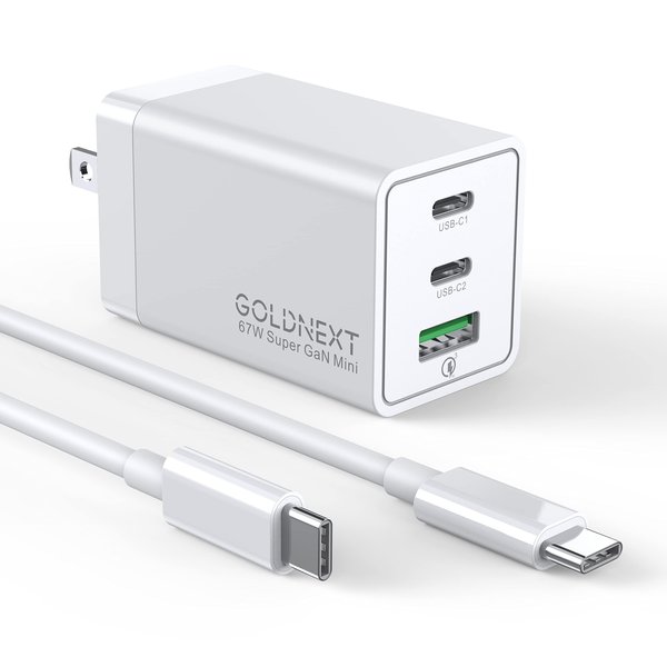 GOLDNEXT 67W USB C Charger, 3-Port PD 3.0 GaN Fast Wall Charger Block, PPS Foldable Power Adapter with Type C Cable for MacBook Pro/Air, Dell XPS, iPad, iPhone 15, Galaxy S23, Pixel