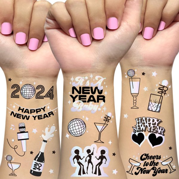 2024 New Years Eve Party Supplies Temporary Tattoos 40 Glitter Styles NYE Party Favors Happy New Year Decorations NYE 2024 70S 80S Disco Ball Party Decor