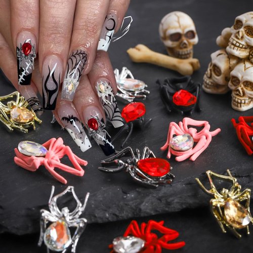 LRKNNO Halloween Nail Charms 3D Alloy Spider Nail Charms Gold Silver Red Pink Black Spider Nail Gems Jewelry Spider Nail Rhinestones Design Halloween Charms for Acrylic Nails DIY Nail Decoration 12Pcs