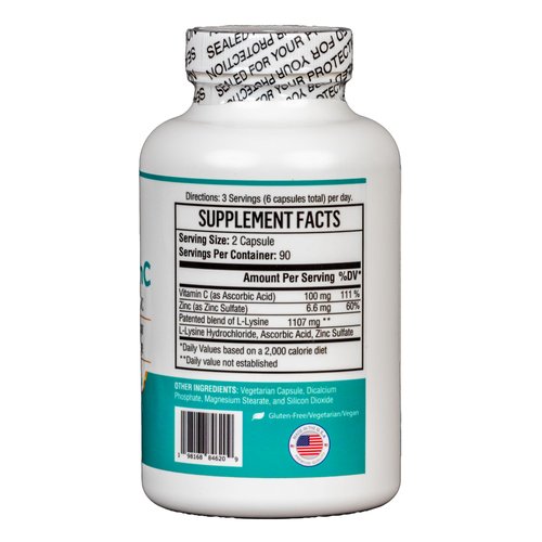 Del Mar Health Max-LyZinC: L-Lysine 1100mg + Zinc 6 mg + Vitamin C 100 mg - 3-in-1 Supplement for Maintaining Blood Sugar already in The healthy range - 180 Capsules / 3-day supply