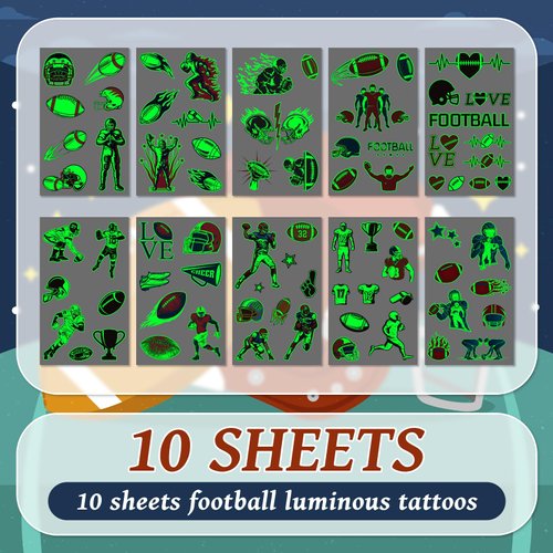 EMOME 10 Sheets Football Party Favors Decorations Supplies Glow Tattoos, Football Gifts for Games Party Decor Bags, Luminous Football Stickers Tattoos for Kids Boys