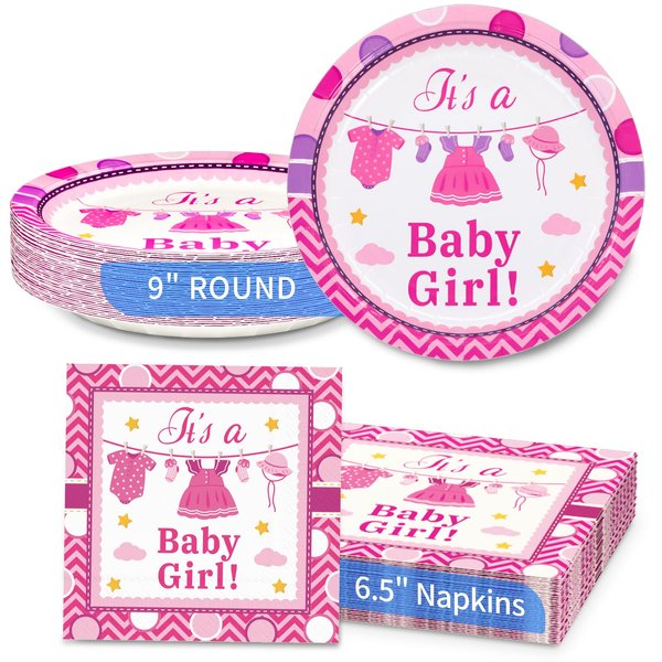 DYLIVeS Pink Baby Shower Disposable Tableware, It's a Baby Girl Paper Dinner Plates and Napkins for Gender Reveal Party Supplies Baby Girl Birthday Party, Baby Girl Shower Party Decorations, Serve 16