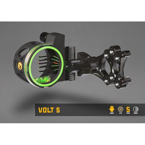 Trophy Ridge Volt 5 Pin Archery Bow Ambidextrous Sight - 5 Ultra-Bright Horizontal .019 Fiber Optic Pins, Bubble Level, Green Hood Accent for Quicker Sight Acquisition, Fiber Wrapped Pin Guard