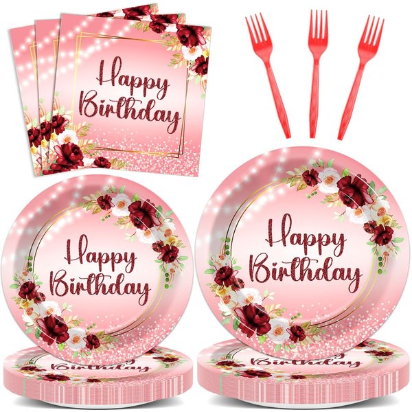 96Pcs Burgundy Birthday Party Supplies Burgundy Floral Paper Plates Napkins Burgundy Flower Birthday Party Tableware Set Red Gold Dinnerware for Girl Birthday Party Baby Shower Decoration Serve 24
