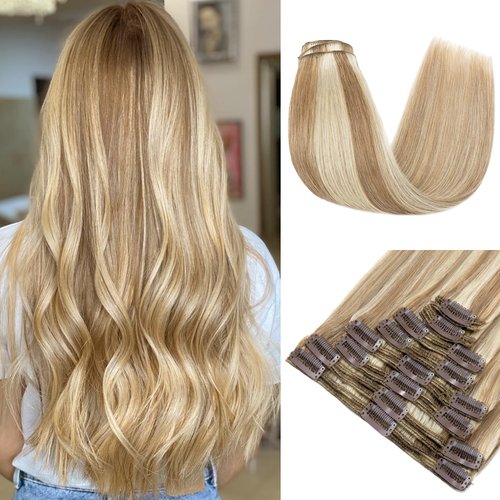 MY-LADY Double Weft 100% Remy Human Hair Clip in Extensions Highlight Highlighted Full Head Thick Long Straight 8pcs 18clips(14" / 14 inch 120g,#12/613 Light Brown/Bleach Blonde)