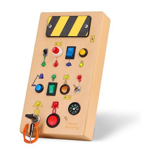 Rinten Montessori Busy Board, Baby Leather Sensory Toys with 10 LED Light Switches Toys, Travel Toys for Baby and Toddler, Birthday Gifts for Boys and Girls(Yellow)