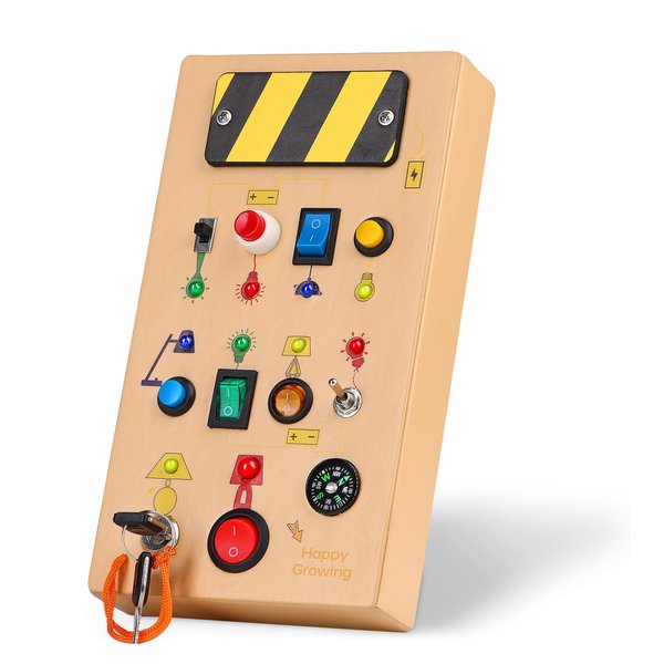 Rinten Montessori Busy Board, Baby Leather Sensory Toys with 10 LED Light Switches Toys, Travel Toys for Baby and Toddler, Birthday Gifts for Boys and Girls(Yellow)