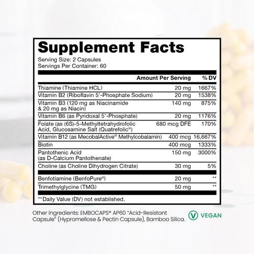 Pure Therapro Rx Methylated B Vitamins for Men and Women, Made in USA 2 Month Supply | Active Methyl B Complex Vitamins Including Methyl B12, Methylfolate, Benfotiamine, Choline, Niacin, TMG & More