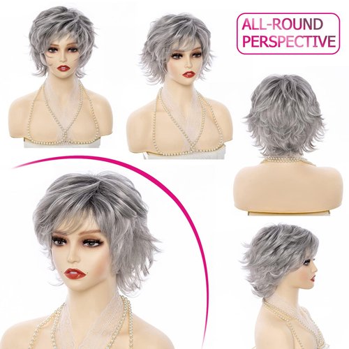 Jolelyne Gray Ombre Short Pixie Cut Wigs with Bangs for White Women Synthetic Ombre Light Gray Curly Hair Wig Womens Short Curly Wigs Gray Pixie Wig for Women Fluffy Layered Ash Black Wig