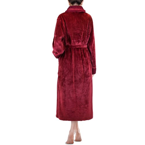 PAVILIA Soft Plush Women Fleece Robe, Wine Red Maroon Cozy Bathrobe, Female Long Spa Robe, Warm Housecoat, Satin Waffle Trim, 2XL/3XL