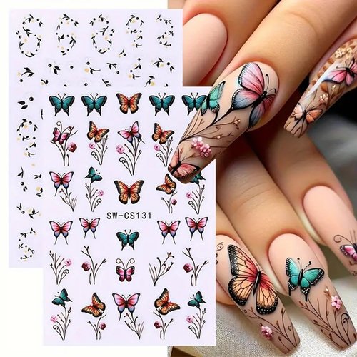 Summer Flower Nail Art Stickers 3D Flower Butterfly Nail Decals 6PCS Daisy Pink Purple Petal Lavender Flowers Nails Design Adhesive Sliders Cherry Blossom Manicure Decals for DIY Nail Art Decorations