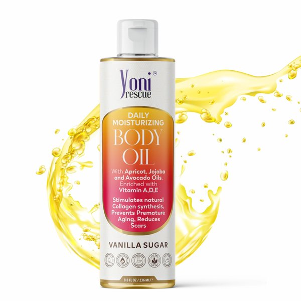 Yoni Rescue Daily Skin Moisturizing Body Oil with Apricot, Jojoba, Avocado Oils & Vitamin E Oil | Essential Oil for all Skins | Fast-Absorbing, Nourishes and Hydrates Skin | 8oz | Vanilla Sugar Scent