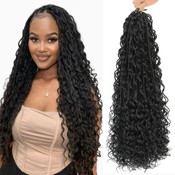 LIYATE Goddess Box Braids Crochet Hair for Women 24 Inch 7 Packs Black Bohemian Crochet Braids with Curly Ends Boho Box Braid Crochet Hair Extensions, 1B