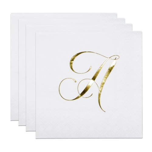 Gift Boutique 100 Gold Letter A Monogram Cocktail Napkins Disposable Paper Pack Elegant Metallic Golden Foil Hand Napkin for Powder Room Wedding Holiday Birthday Party Baby Shower Decorative Towels