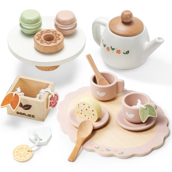 Dorjee Wooden Tea Set for Little Girls, Wooden Toys Toddler Tea Set Play Kitchen Accessories for Kids Tea Party with Play Food for Kid Age 3+ Gift