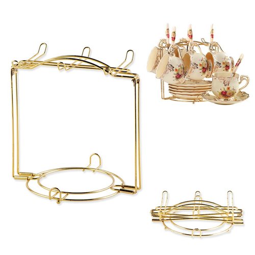 YOLIFE Tea Cups Display Stand, Disassemble Gold Coffee Cups Rack for Demitasse, Espresso Cups, Cappuccino Cup, Hold Up 6 Cups (200ML), 6 Saucers, 6 Spoon
