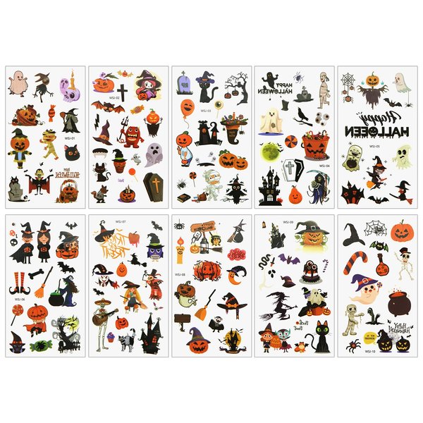 10 Sheets Halloween Temporary Stickers, Various Patterns Halloween Tattoos Waterproof Halloween Tattoo Stickers for Kids Adults Halloween Decorations (Style 1)