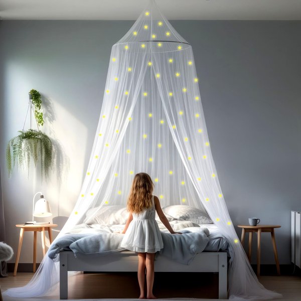 UB-STORE Canopy for Girls Bed with Pre-Glued Glow in The Dark Stars - Princess Mosquito Net Room Decor - Kids & Baby Bedroom Tent with Galaxy Lights - 1 Opening Canopy Bed & Hanging Kit Included