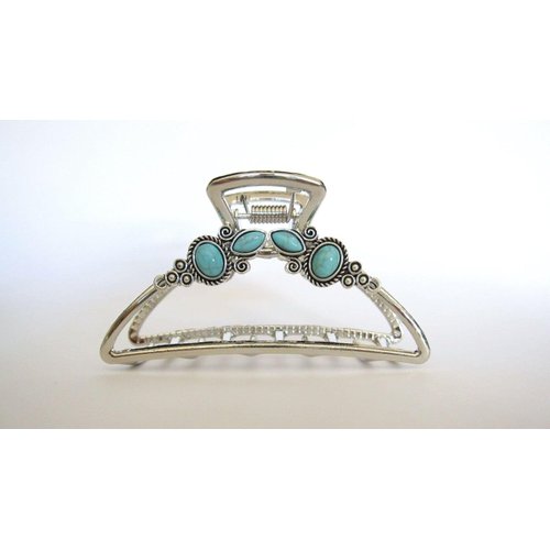 Generic Turquoise blue silver boho design metal native tribal alloy hair claw clip (Size: 3), 1 Count (Pack of 1)