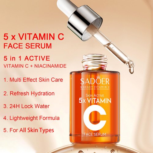5 x Vitamin C Skin Care Set, Skincare Routine Set, Facial Skin Care Products, Skincare Gift Set with Cleanser, Eye Cream, Serum, Cream, Mask, Anti-Aging Skin Care Kit for Firming & Hydrating 6PCS