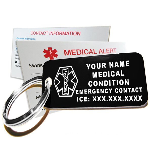 My Identity Doctor - Custom Engraved Medical Alert ID Keychain Tag, Plastic, Rectangle, Red, Small, 2.25 x .79 Inch