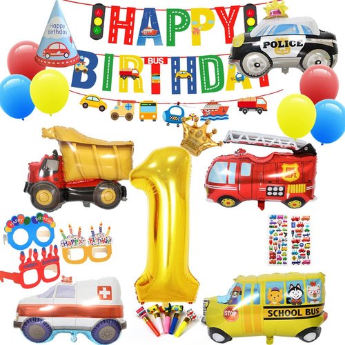 Car Party Supplies - Birthday Party Decorations for 1 year old Kids,Contain a Traffic Banner,a Birthday hat,7 Foil Balloons,6 Latex Balloons,Great for Children Birthday Party