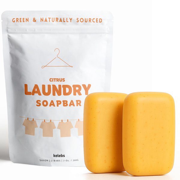 KELEBS Laundry Soap Bar - Hypoallergenic and Organic Citrus Formula for Sensitive Skin - Stain Remover for Delicate Clothes, Underwear, Collar - 2 Bars