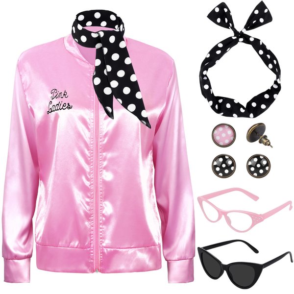 SOMSOC 1950s Pink Satin Jacket with Neck Scarf Headband Earrings Cat Eye Glasses Halloween Cosplay Costume Set for Women Girl