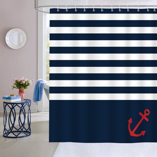Bonhause Nautical Stripe Shower Curtain Anchor Navy Blue Decorative Bath Curtain 72 x 72 Inch Polyester Fabric Waterproof Bathroom Curtain with 12 Hooks