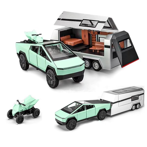1/32 Pickup Trailer RV Model Car, Alloy Pick-Up Truck Toy with Motorcycle, Truck Model Toy with Sound/Light/Pull-Back, Birthday Gift for Kids Friends Collectors - Green Pickup with RV Silver