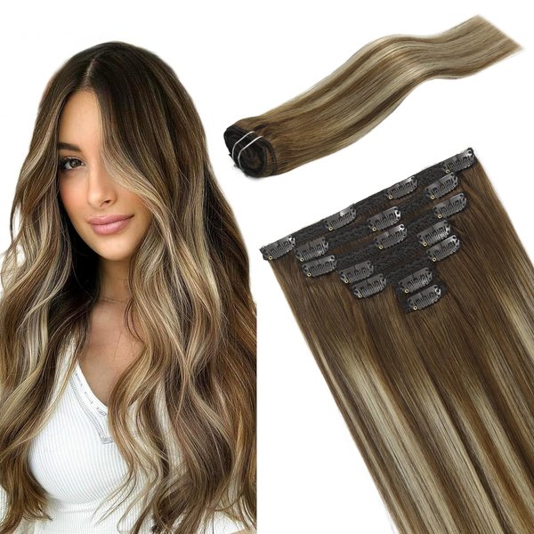 FUBILI Clip in Hair Extensions Chestnut Brown Balayage to Platinum Blonde Mix Brown Real Human Hair Medium Brown Ombre Hair Extensions Remy Human Hair Clip in Extensions 14Inch 7Pcs 105g