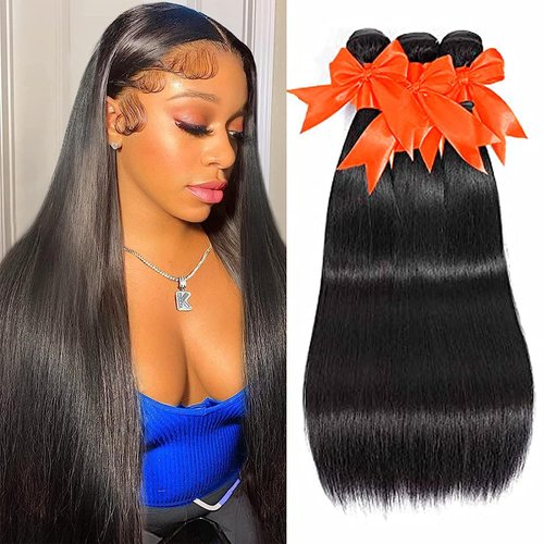 SUIFENGWU 10A Straight Human Hair Bundles (26 28 30 Inch) 100% Unprocessed Brazilian Virgin Weave Bundles Human Hair Extensions Natural Color Double Weft No Split Softness Bundles Full And Thick