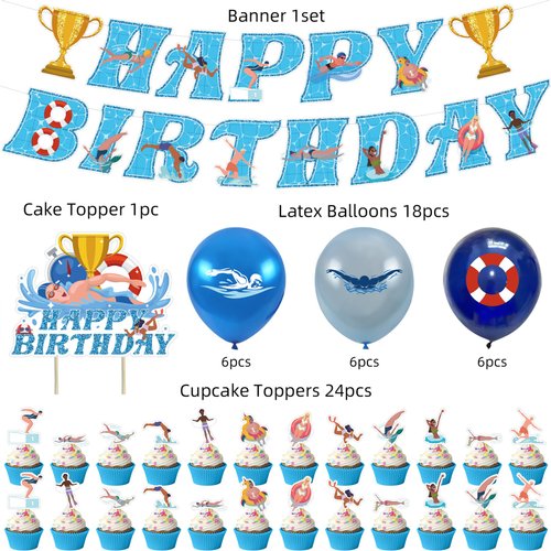 Swimming Birthday Party Supplies Swimming Party Decorations Include HAPPY BIRTHDAY Banner Balloons Cake Topper Cupcake Toppers Swimming Birthday Party Decorations