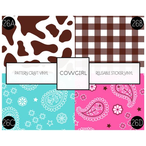 Cowgirl Pattern Vinyl Reusable Adhesive Craft Vinyl (Leaves no Residue) Western Paisley Plaid Polka Dot Patterns 12 inch by 12 inch - 3 Sheets