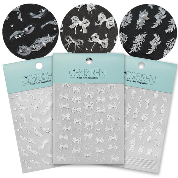 CESTSIREN Ribbon Flower Bow White Nail Art Stickers Embossed Pearl Nail Decals for Nail Art Design Self-Adhesive Nail Accessories for Women Nail Art Supplies 3 Sheets