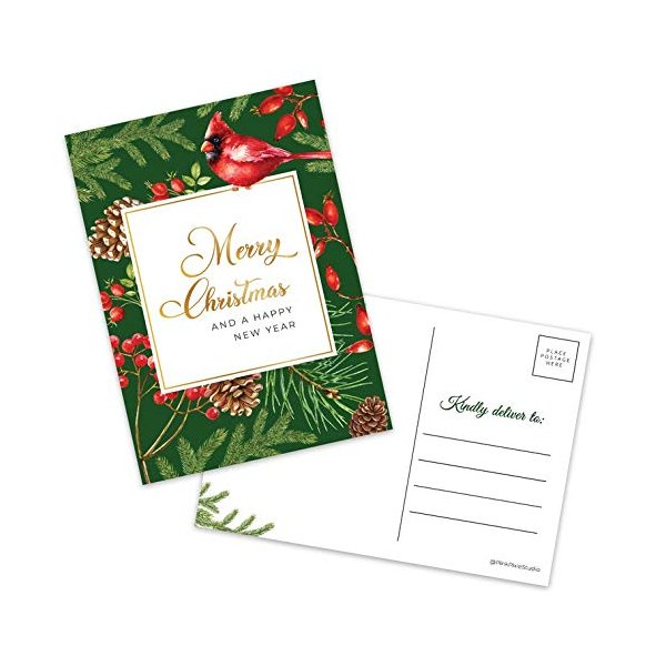 50- Red Cardinal Bird Holiday Postcard Set 5x7" Cute Blank Winter Christmas Greeting Cards, Bulk Pack of Premium Seasons Greetings, Happy New Years Cards for Business Office or Church Thank You Notes