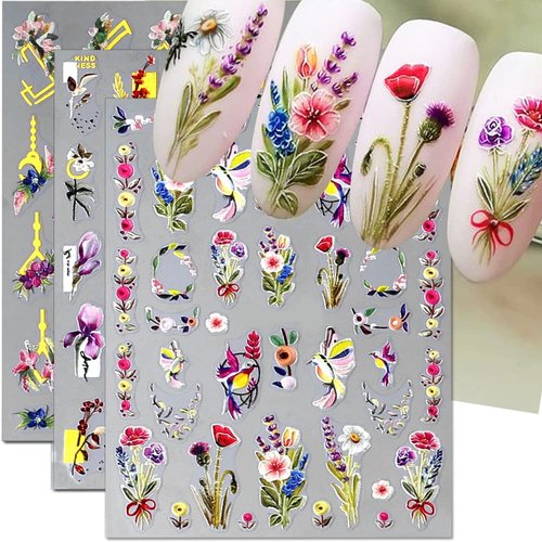 Dornail 3 Sheets 5D Embossed Bronzing Nail Stickers Floral Nail Decals Spring Flower Grass Bird Nail Art Stickers Colorful Flower Stickers for Nails Women Manicure Decor Nail Accessories