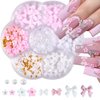 Nail Charms, Flower Bow Manicure Kit, Pink White 3D Cute Flower and Bow Nail Charms, 3D Acrylic Flowers Nail Gems with White Half Pearls Nail Art Decoration